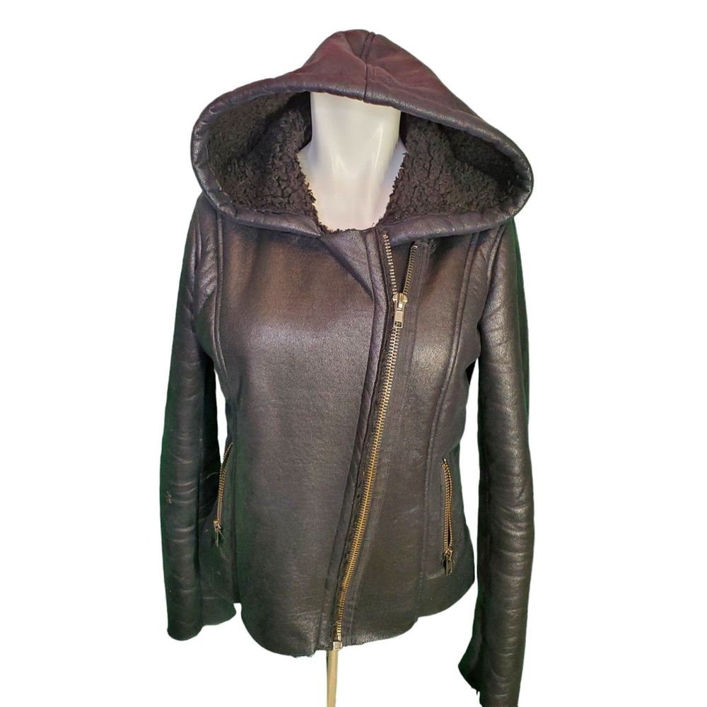 BB Dakota Black Vegan Leather Sherpa Lined Hooded Moto Jacket Sz M